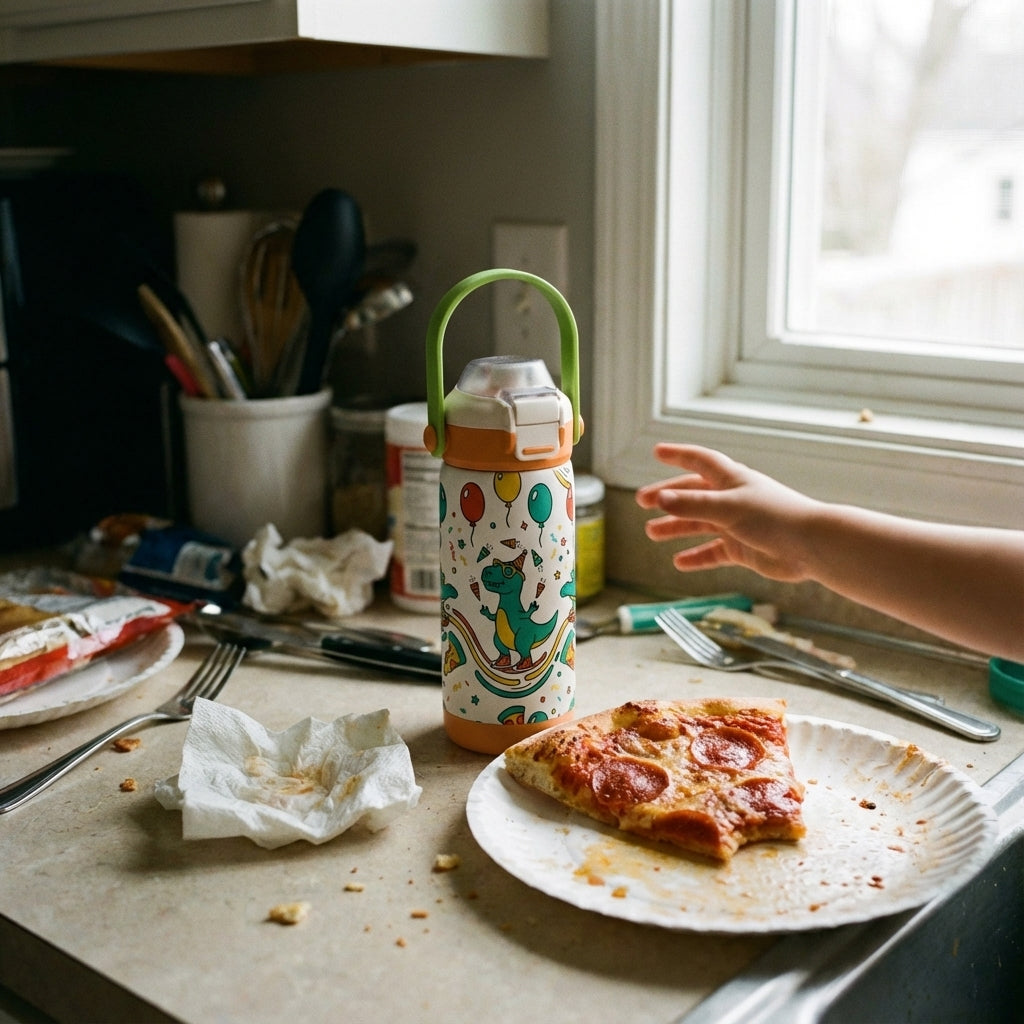 In-Use shot - LAMOSE Goose 14oz kids water bottle with orange base and green handle, featuring a pattern of dinosaurs in party hats, pizza, and balloons.
