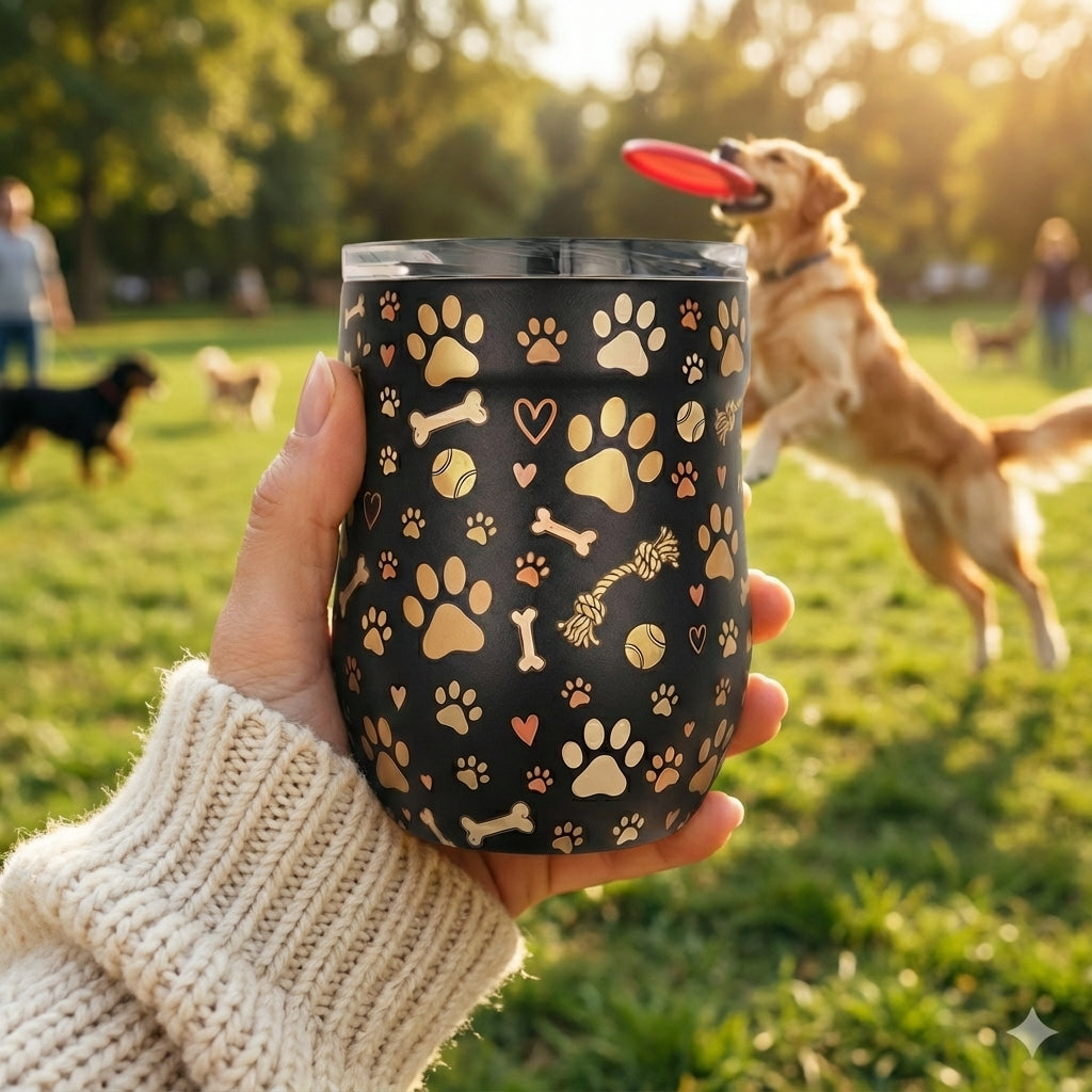In-Use shot - Black stainless steel Whistler 16oz wine tumbler featuring a pattern of paw prints, dog bones, tennis balls, and rope toys
