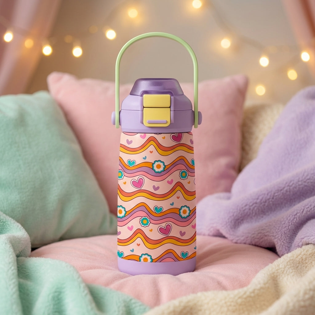 LAMOSE Goose 14oz kids water bottle featuring a retro pattern of wavy lines, hearts, and flowers on a light purple base with a yellow and green lid.