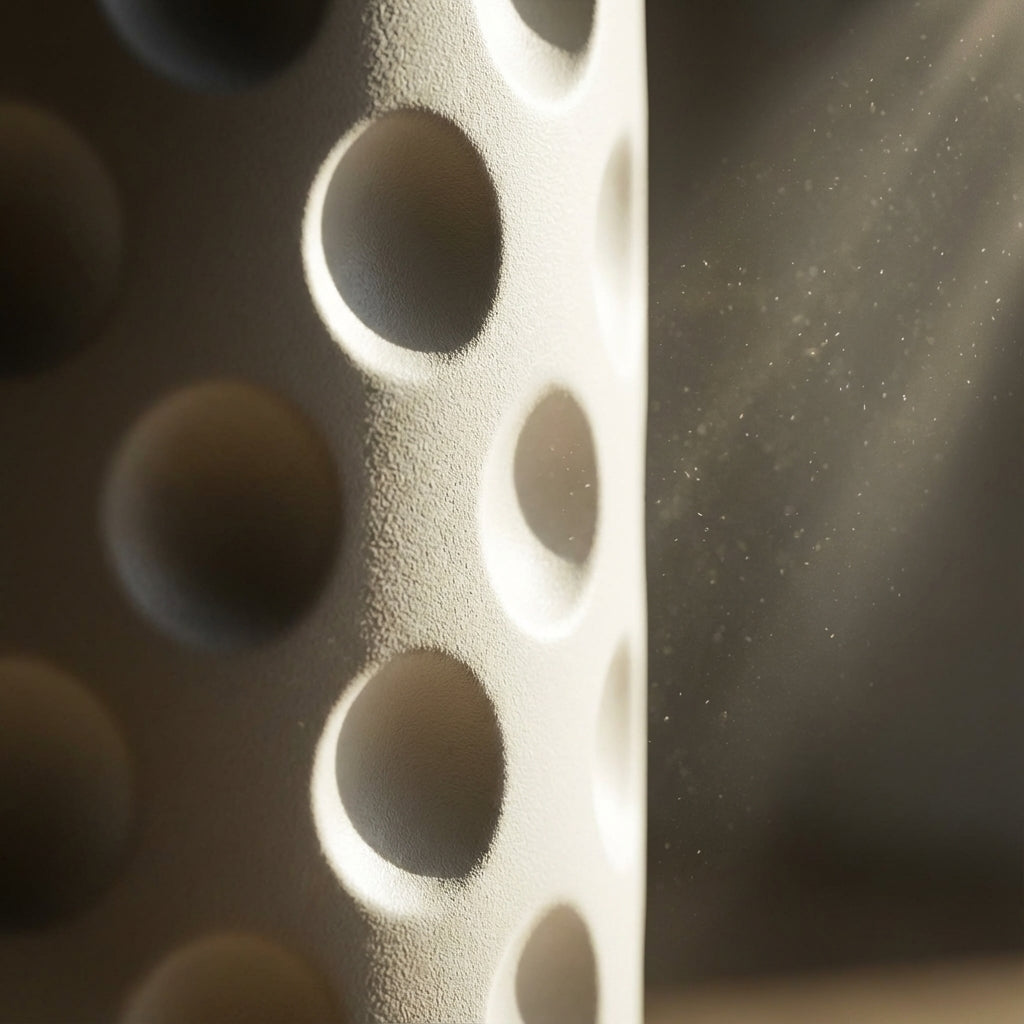 Detail shot - Close up of off-white Emerald 16 oz tumbler featuring a textured golf ball dimple pattern standing on a light wood surface.