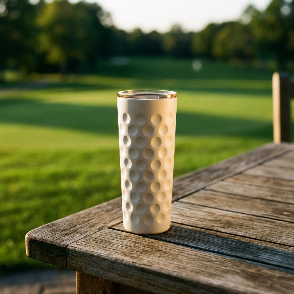 Lifestyle shot - Close up of off-white Emerald 16 oz tumbler featuring a textured golf ball dimple pattern standing on a light wood surface.