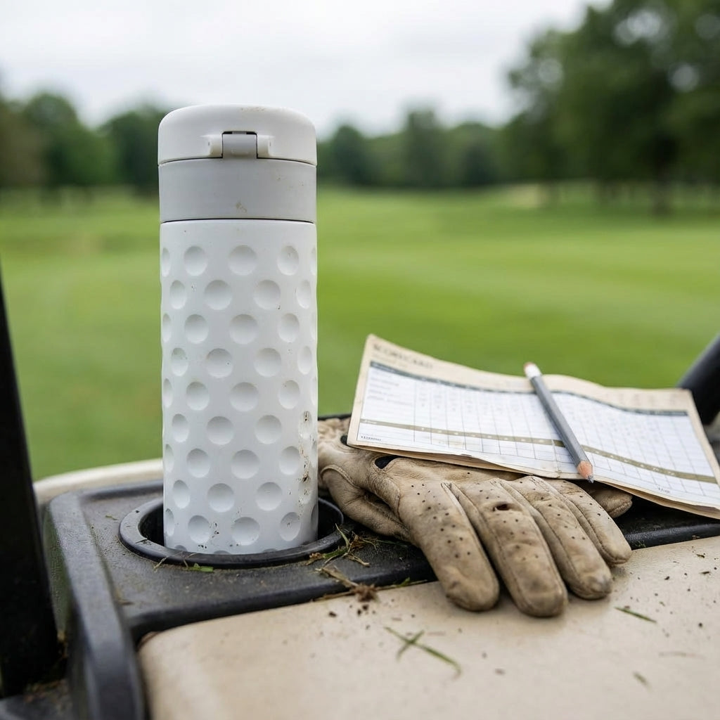 In-Use shot - Close up of off-white Emerald 16 oz tumbler featuring a textured golf ball dimple pattern standing on a light wood surface.