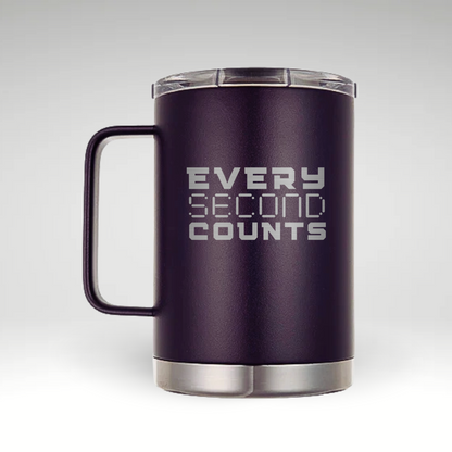 Every Second Counts Insulated Mug Blue insulated mug with bold white text EVERY SECOND COUNTS. 