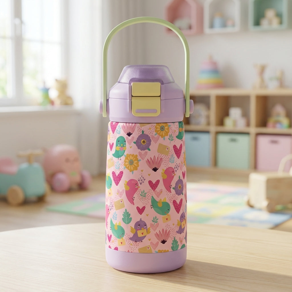 LAMOSE Goose 14 oz kids water bottle featuring a pattern of birds, flowers, and envelopes on a pink background with a lavender lid.
