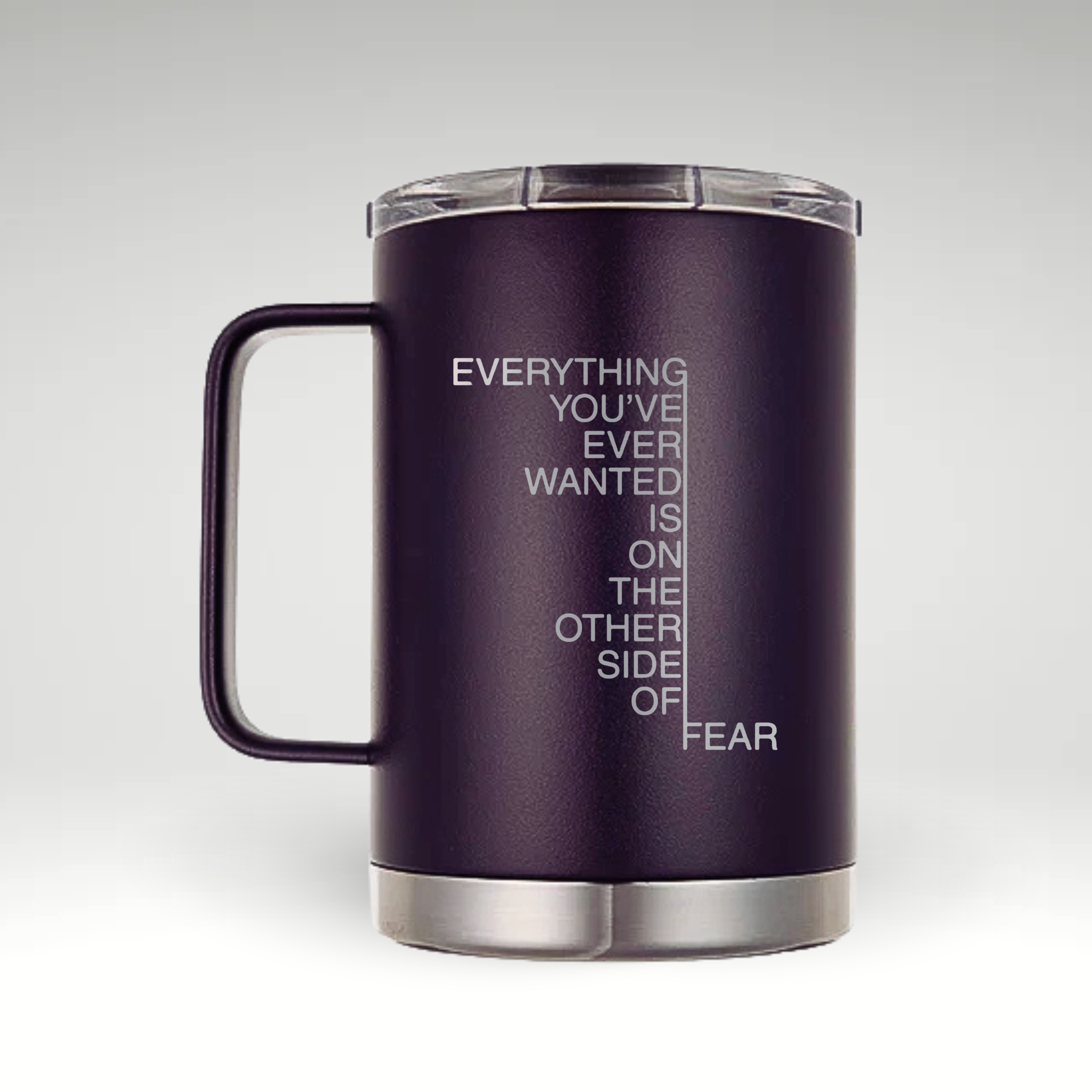 Empower Your Morning with Our Insulated Mug Sleek insulated mug with motivational quote on white background. 