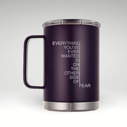 Empower Your Morning with Our Insulated Mug Sleek insulated mug with motivational quote on white background. 
