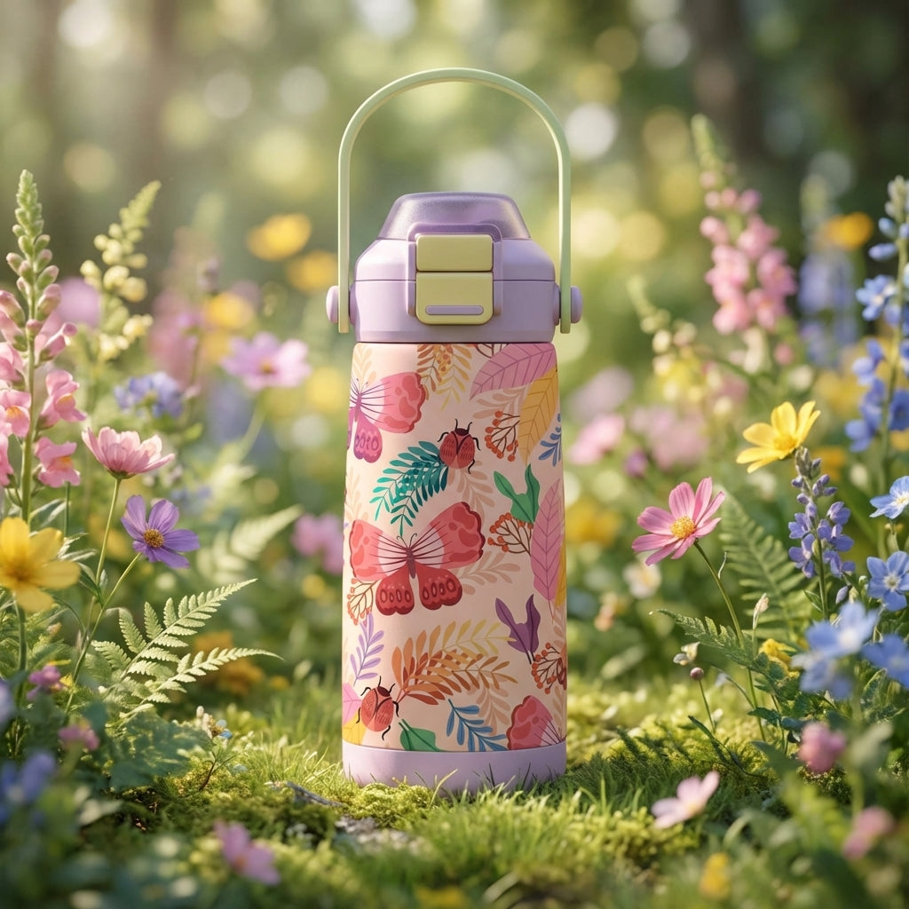 Close up of beige LAMOSE Goose 14oz kids water bottle with butterfly and ladybug pattern resting in a field of wildflowers