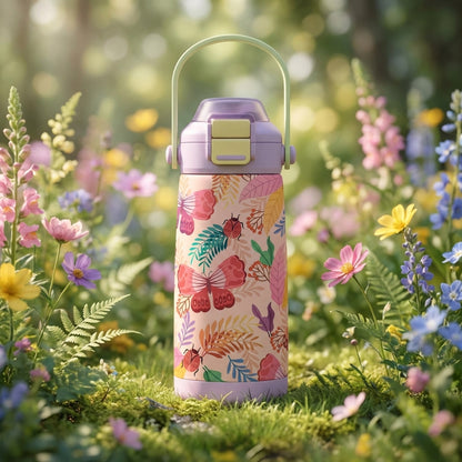 Close up of beige LAMOSE Goose 14oz kids water bottle with butterfly and ladybug pattern resting in a field of wildflowers