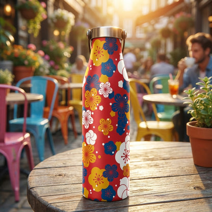 Robson 21 oz red stainless steel water bottle with yellow and blue floral pattern sitting on a wooden outdoor café table in the sun.
