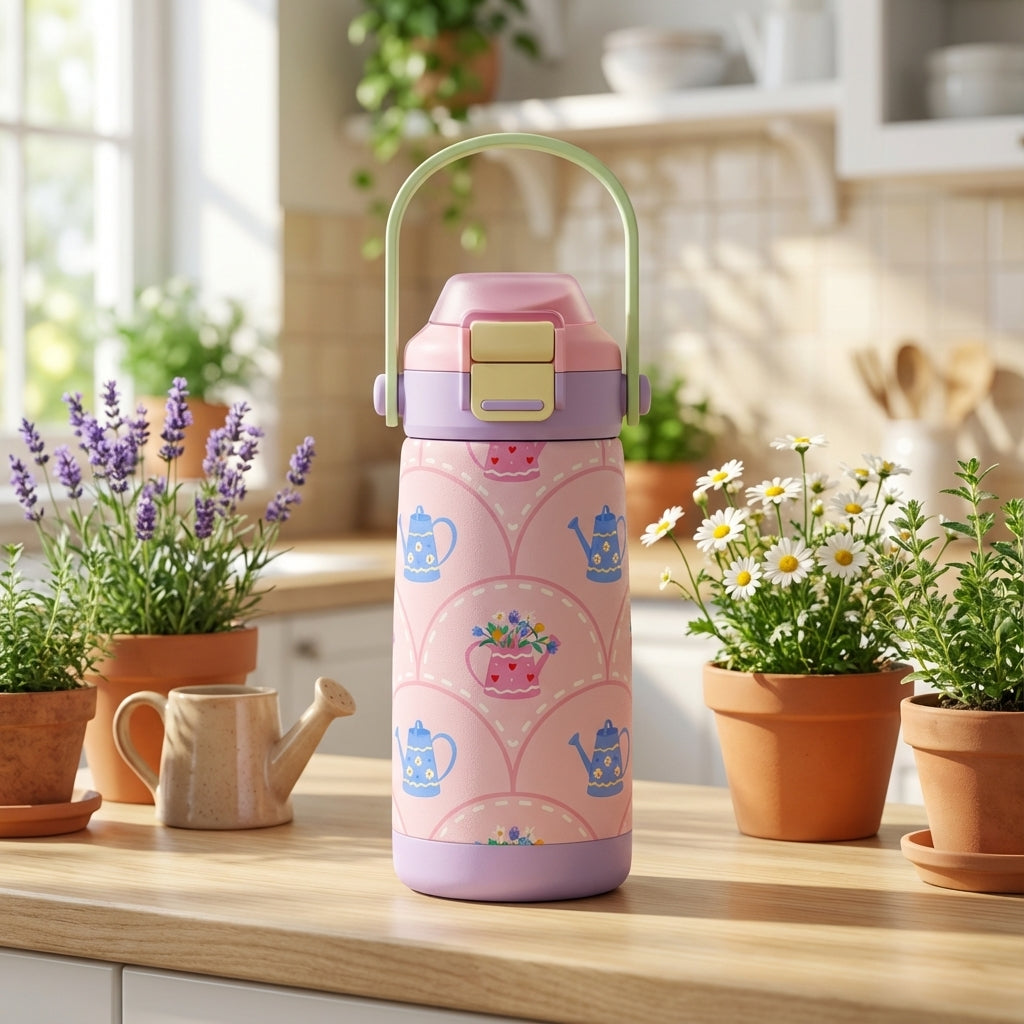 LAMOSE Goose 14oz kids water bottle featuring a pattern of blue and pink watering cans with flowers on a light pink background.