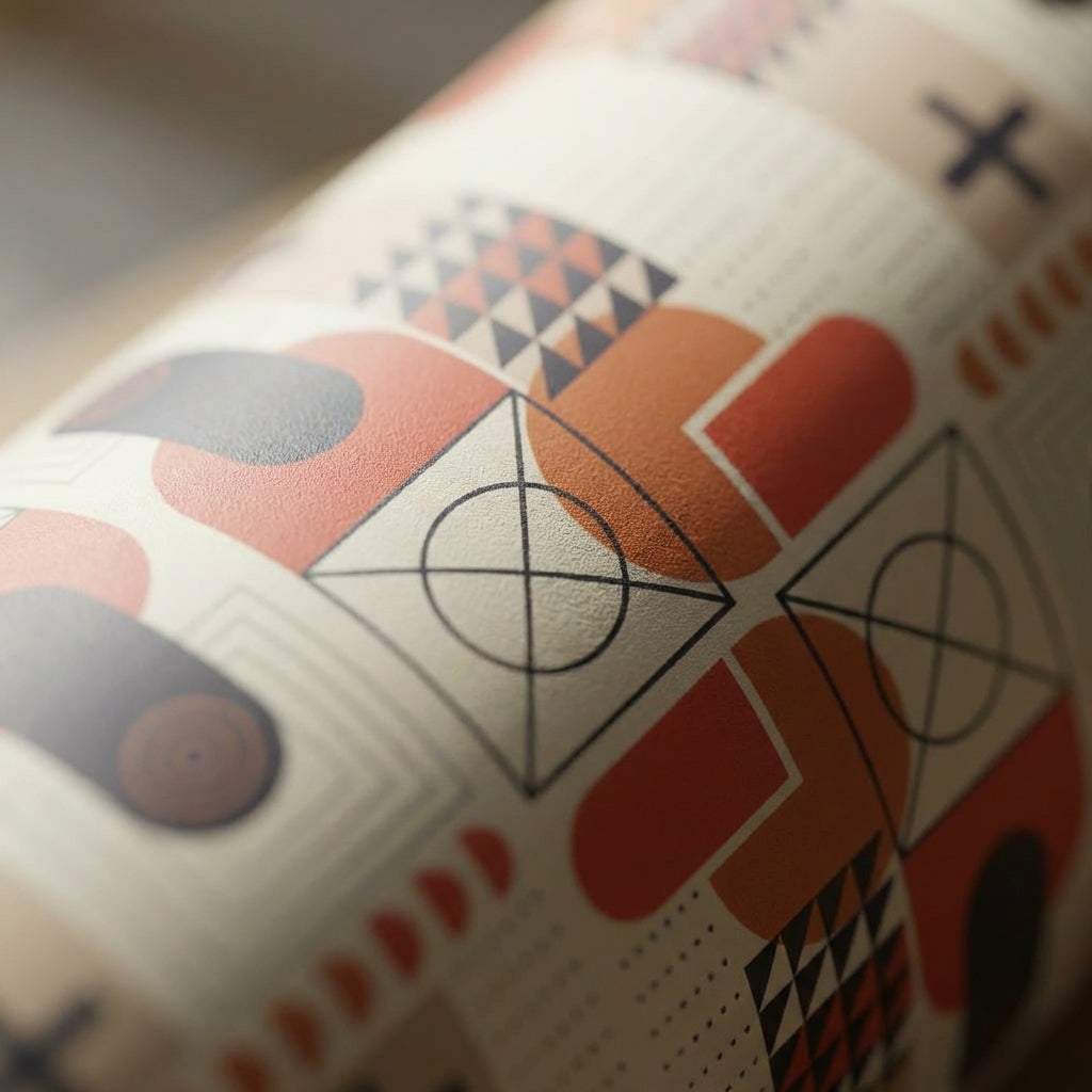 Detail shot - Beige 16oz tumbler with rust, black, and brown geometric shapes sitting on a mid-century modern coffee table