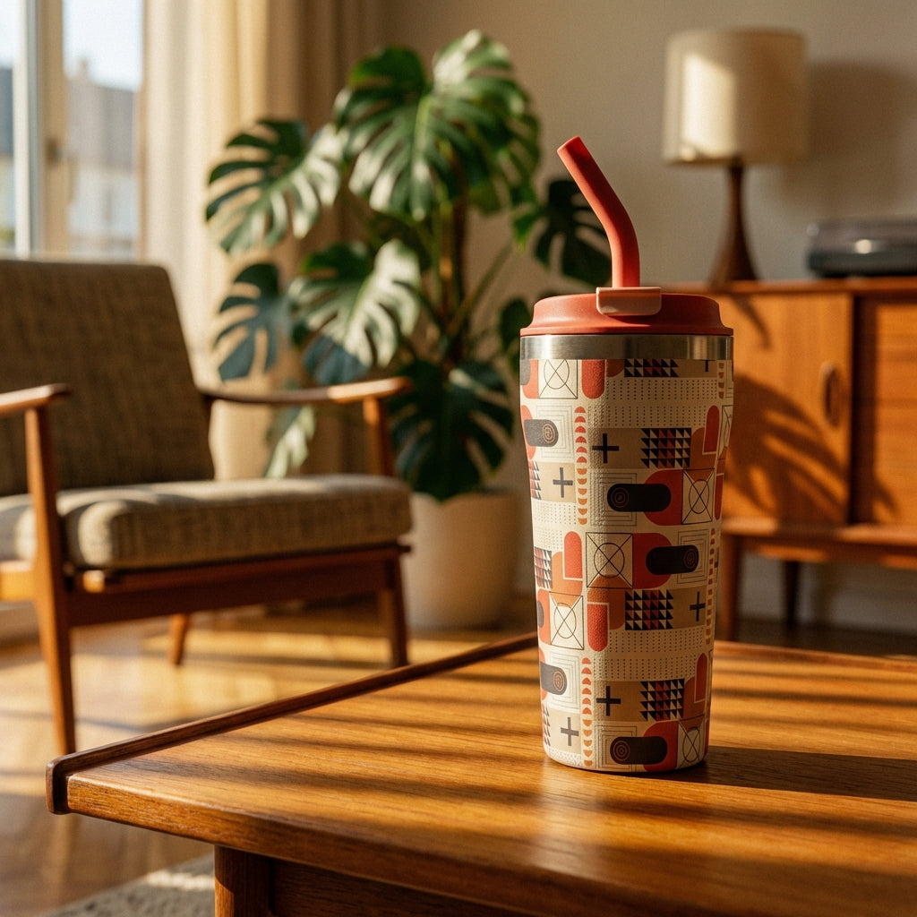 Lifestyle shot - Beige 16oz tumbler with rust, black, and brown geometric shapes sitting on a mid-century modern coffee table