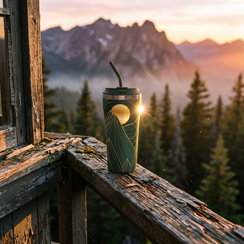 Lifestyle shot - Dark green 16oz tumbler with golden mountain range and moon engraving standing on a rocky surface