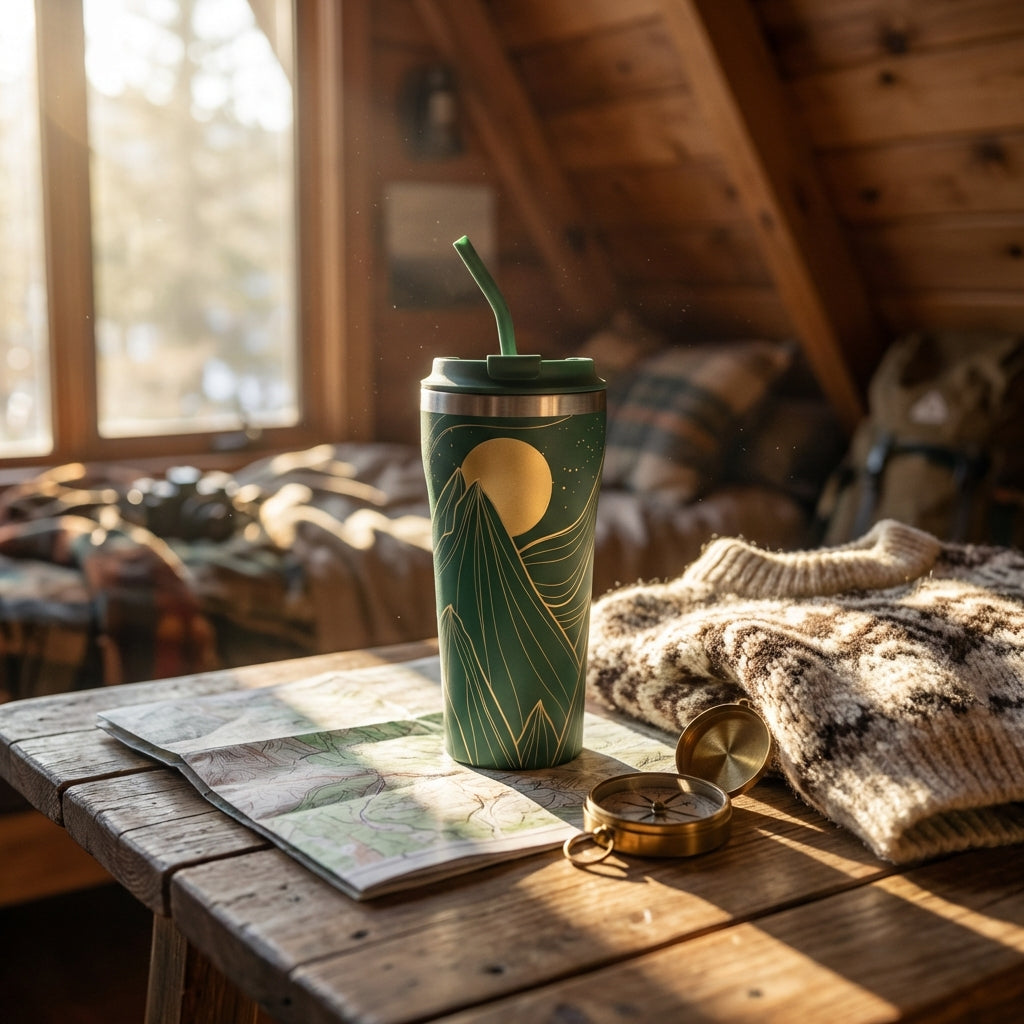 In-Use shot - Dark green 16oz tumbler with golden mountain range and moon engraving standing on a rocky surface
