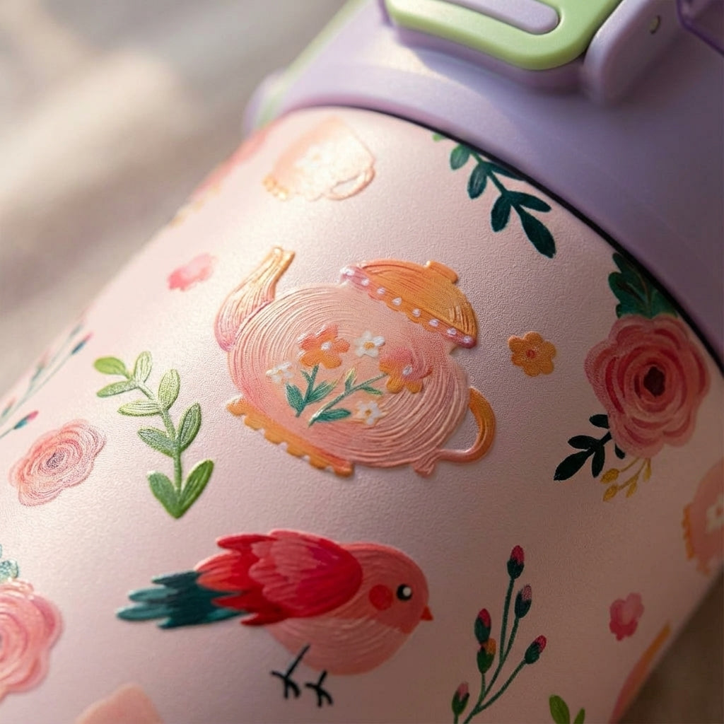 Detail shot - LAMOSE Goose 14 oz kids water bottle with light pink body, peach teapots, roses, red birds pattern, lavender lid and green handle