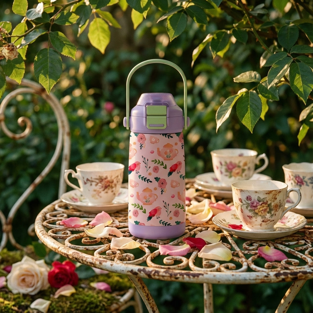 Lifestyle shot - LAMOSE Goose 14 oz kids water bottle with light pink body, peach teapots, roses, red birds pattern, lavender lid and green handle