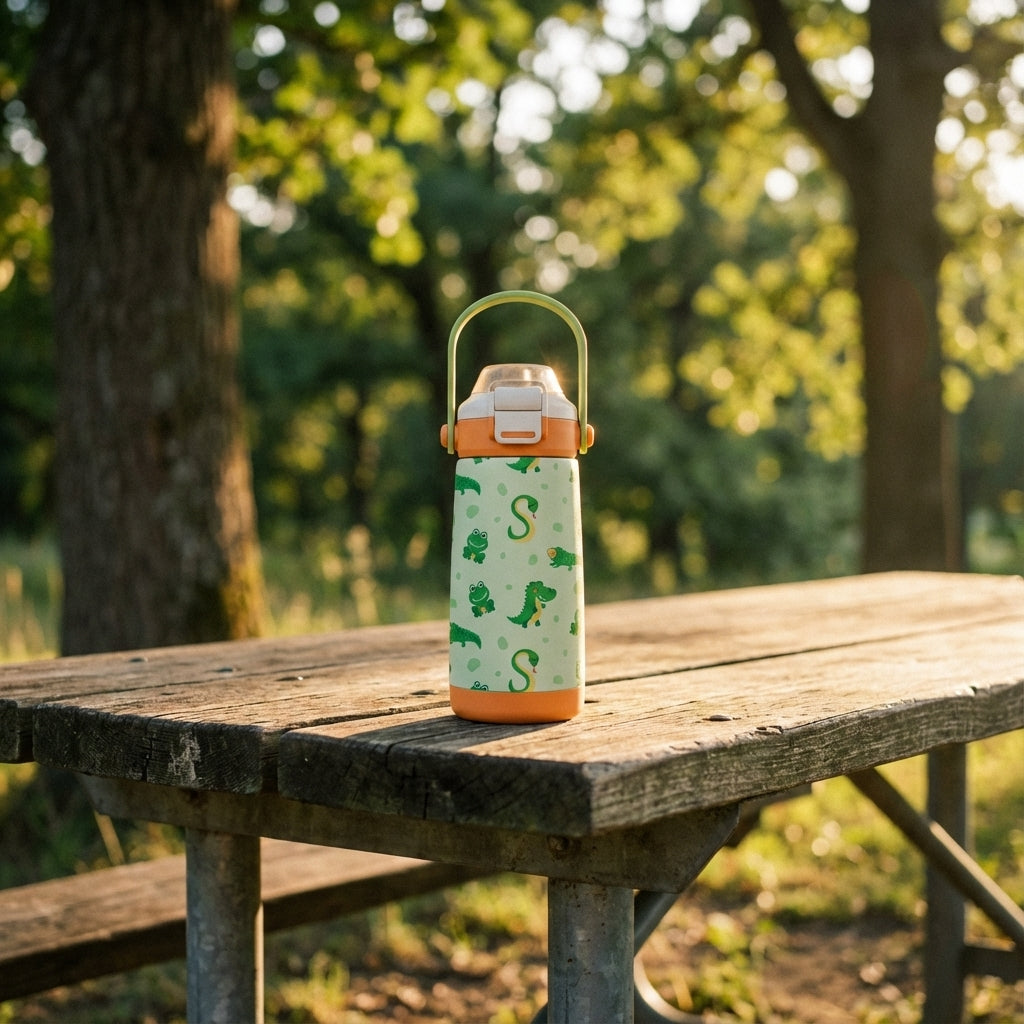 Lifestyle shot - Light green LAMOSE Goose water bottle featuring cartoon crocodiles, frogs, and an S-shaped snake pattern with a bright orange lid and handle.