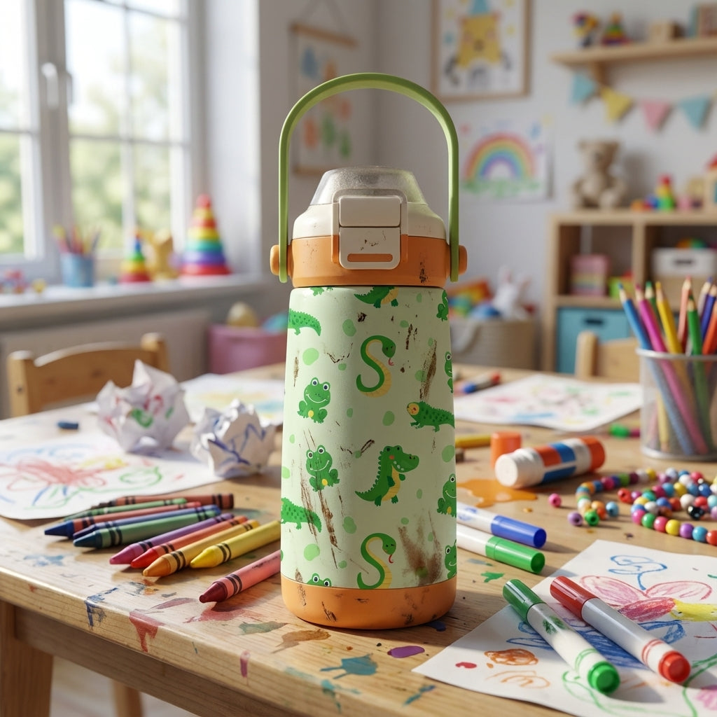 In-Use shot - Light green LAMOSE Goose water bottle featuring cartoon crocodiles, frogs, and an S-shaped snake pattern with a bright orange lid and handle.