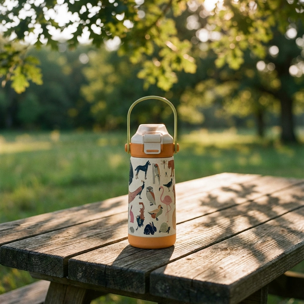 Lifestyle shot - LAMOSE Goose 14 oz kids water bottle with cream body and colorful animal print standing on a wooden surface with dappled sunlight and plants