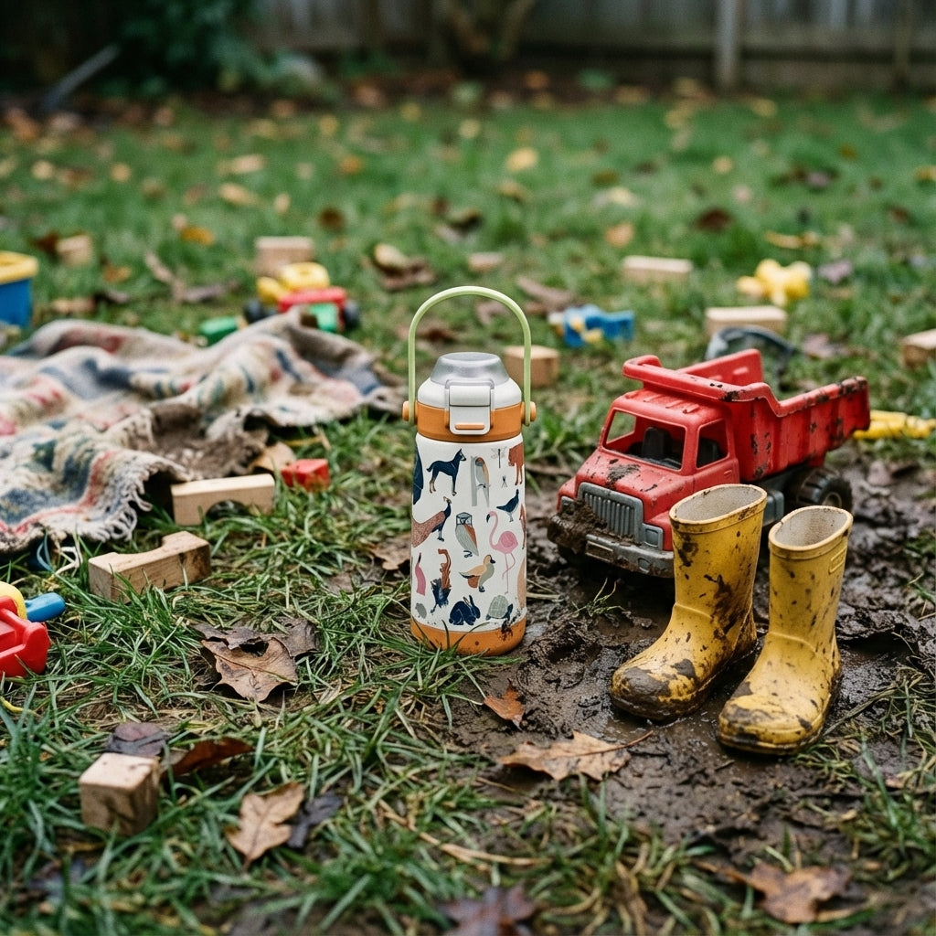 In-Use shot - LAMOSE Goose 14 oz kids water bottle with cream body and colorful animal print standing on a wooden surface with dappled sunlight and plants