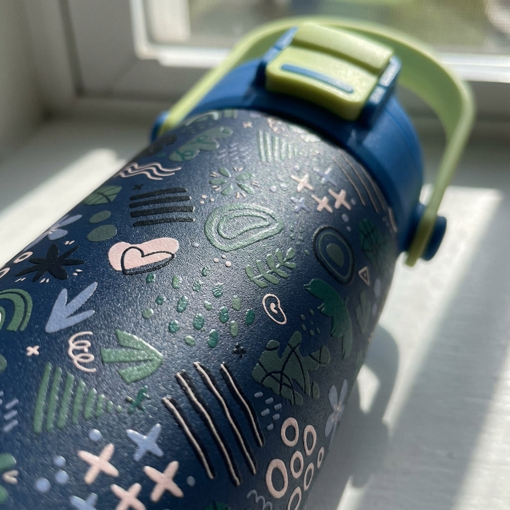 Detail shot - LAMOSE Goose 14 oz kids water bottle featuring light blue base and cap, green handle, and a dark blue body with abstract leaves, hearts, and geometric shapes.