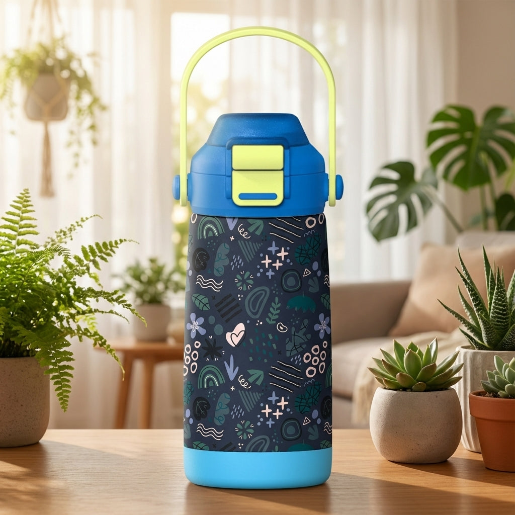  LAMOSE Goose 14 oz kids water bottle featuring light blue base and cap, green handle, and a dark blue body with abstract leaves, hearts, and geometric shapes.