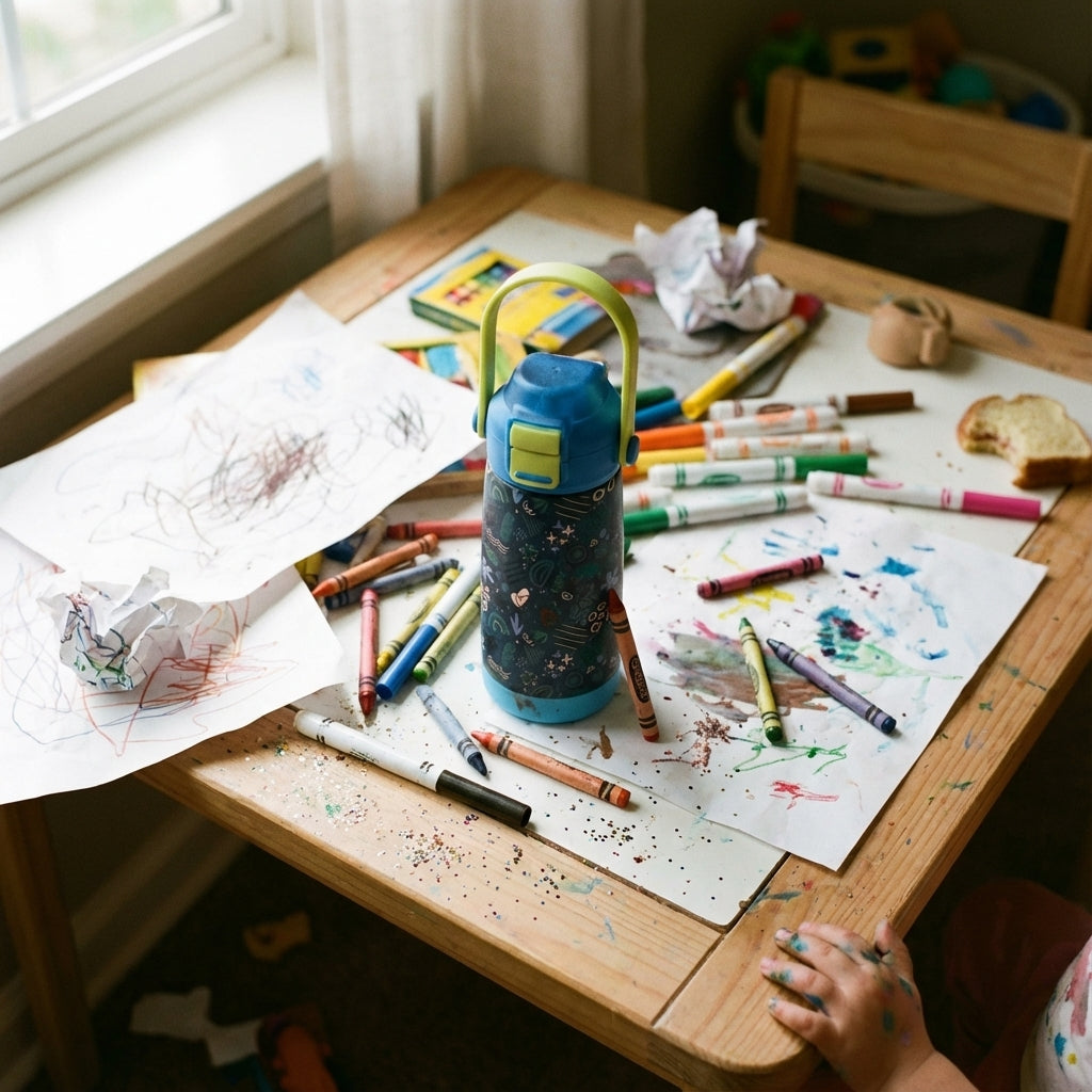 In-Use shot - LAMOSE Goose 14 oz kids water bottle featuring light blue base and cap, green handle, and a dark blue body with abstract leaves, hearts, and geometric shapes.