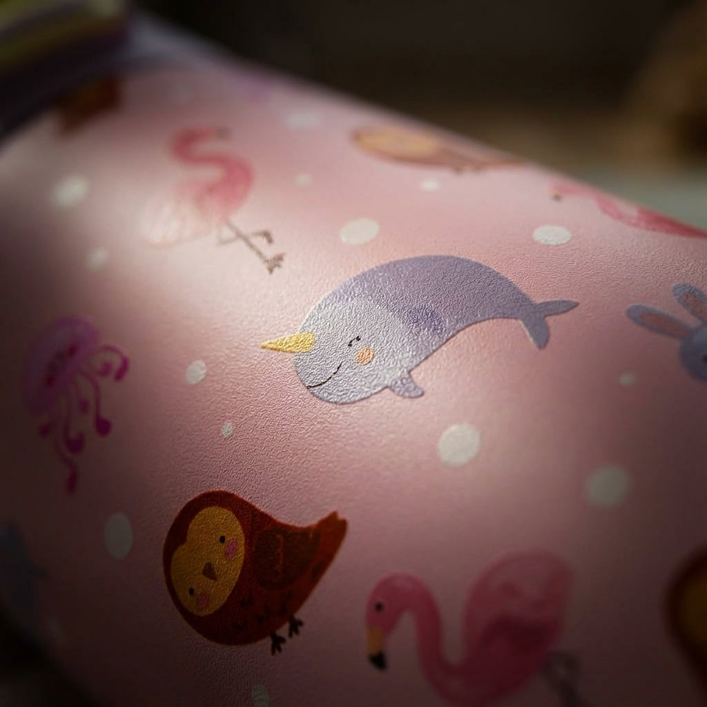 Detail shot - Pink LAMOSE Goose 14oz kids water bottle featuring a pattern of flamingos, owls, rabbits, and narwhals with a purple lid and green handle.