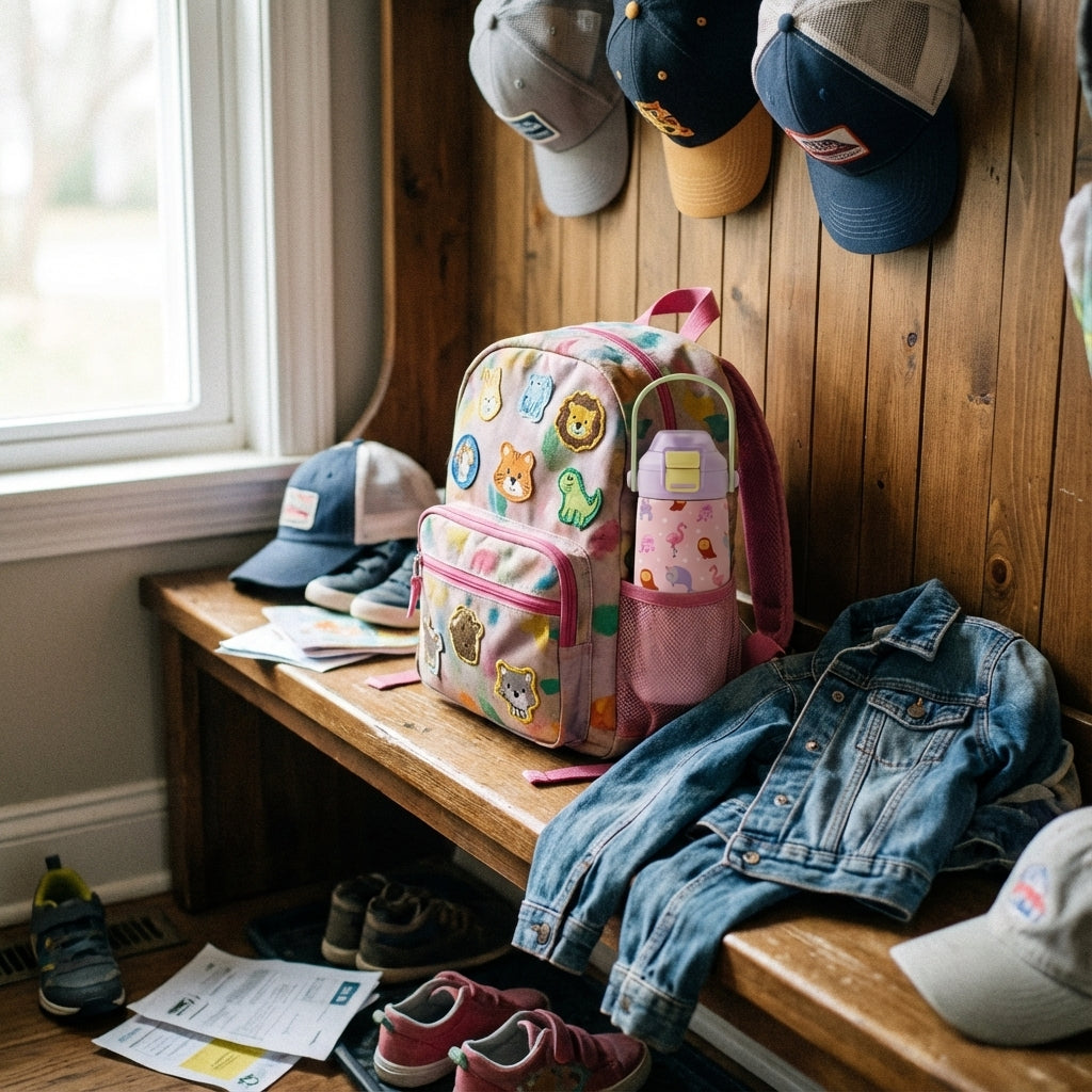 In-Use shot - Pink LAMOSE Goose 14oz kids water bottle featuring a pattern of flamingos, owls, rabbits, and narwhals with a purple lid and green handle.