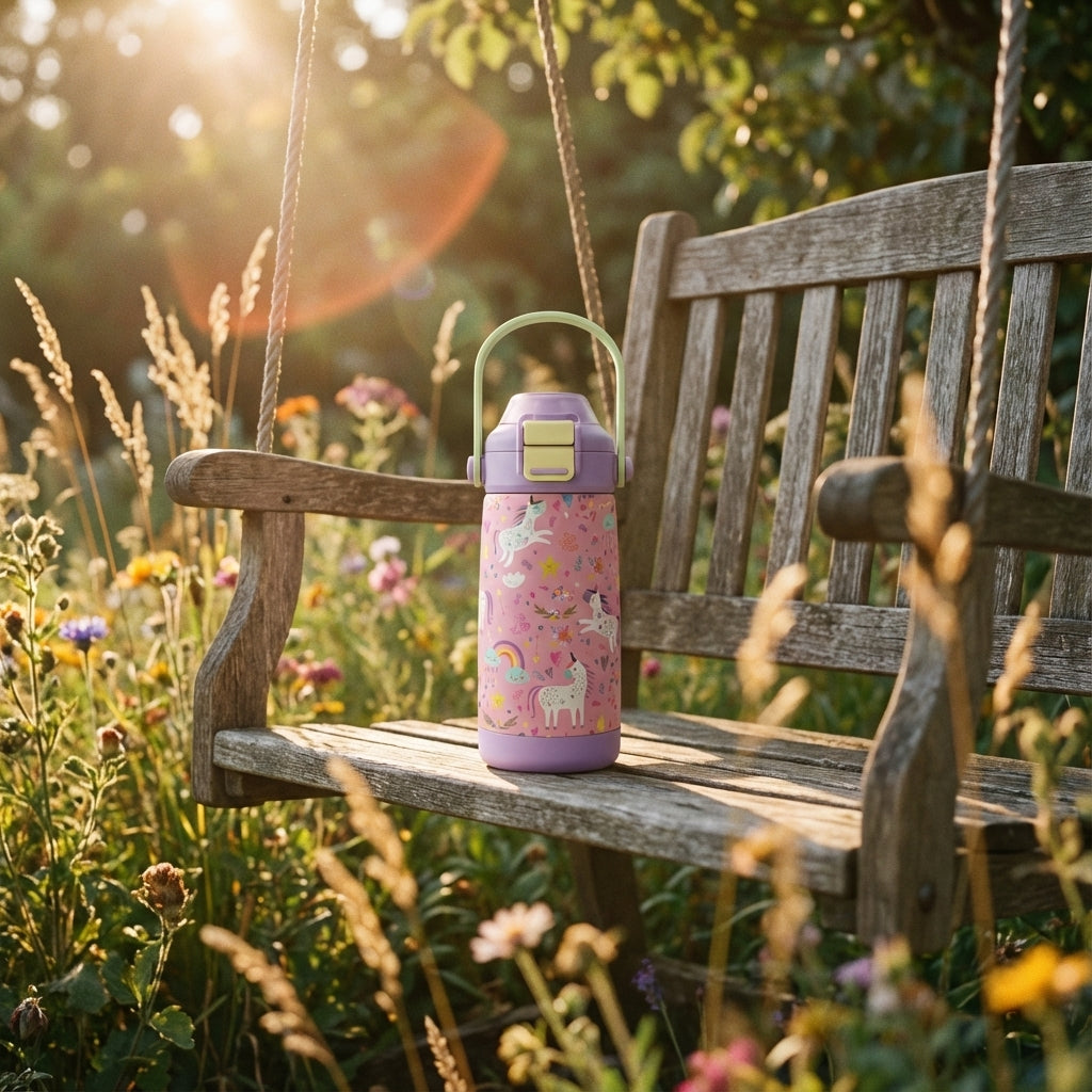 Lifestyle shot - LAMOSE Goose 14 oz kids water bottle featuring a light purple body, pink section with cartoon unicorns and rainbows, light green handle and yellow clasp.