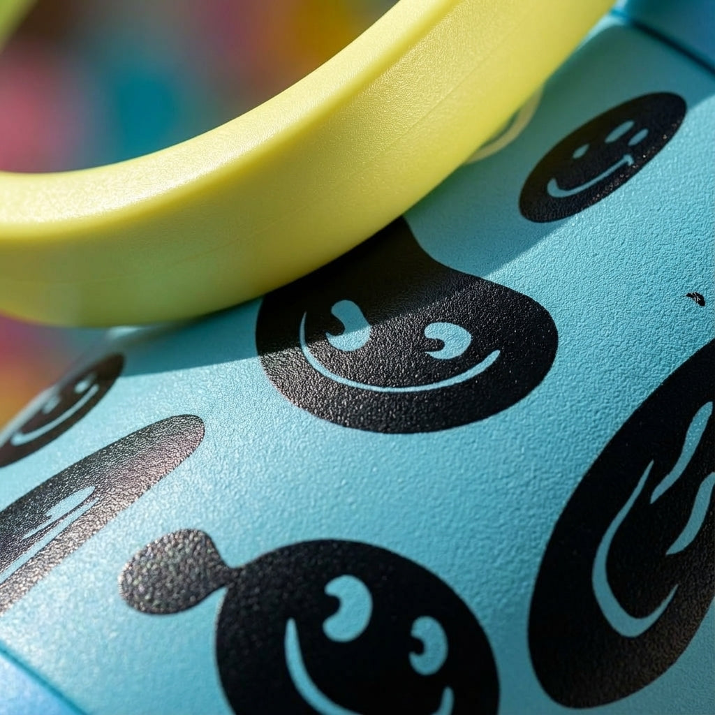 Detail shot - LAMOSE Goose 14oz kids water bottle featuring a pattern of black smiley faces and white swirls on a light blue background with a bright yellow handle.