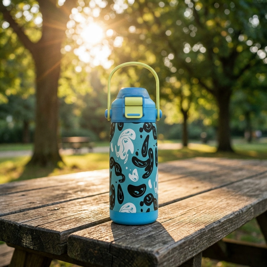 Lifestyle shot - LAMOSE Goose 14oz kids water bottle featuring a pattern of black smiley faces and white swirls on a light blue background with a bright yellow handle.