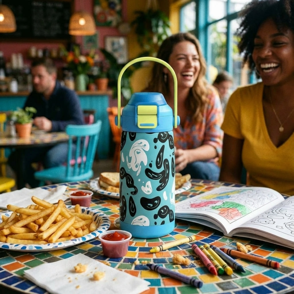 In-Use shot - LAMOSE Goose 14oz kids water bottle featuring a pattern of black smiley faces and white swirls on a light blue background with a bright yellow handle.