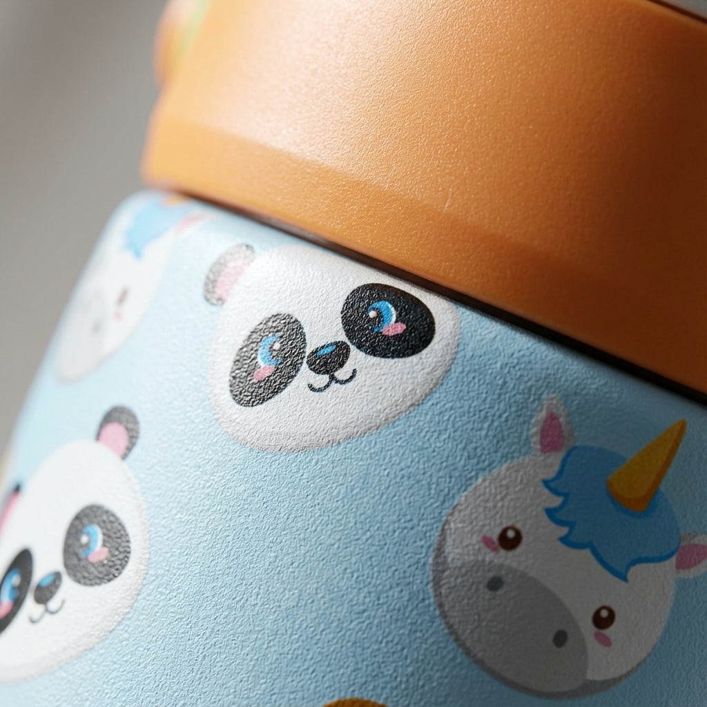 Detail shot - Light blue insulated kids water bottle featuring cartoon monkeys, pandas, and unicorns with an orange lid and green handle on a white nursery dresser.