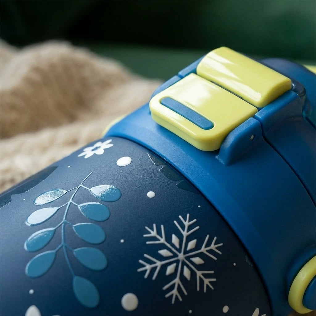 Detail shot - Navy blue Goose 14oz kids water bottle featuring a pattern of white snowflakes, blue leaves, and floral accents with a pale lime green carrying handle.