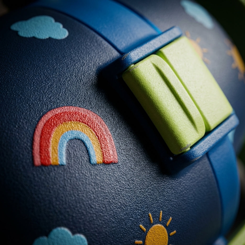 Detail shot - LAMOSE Goose 14oz kids water bottle featuring a dark blue body with playful rainbow, sun, and cloud illustrations, accented by a lime green handle and latch.