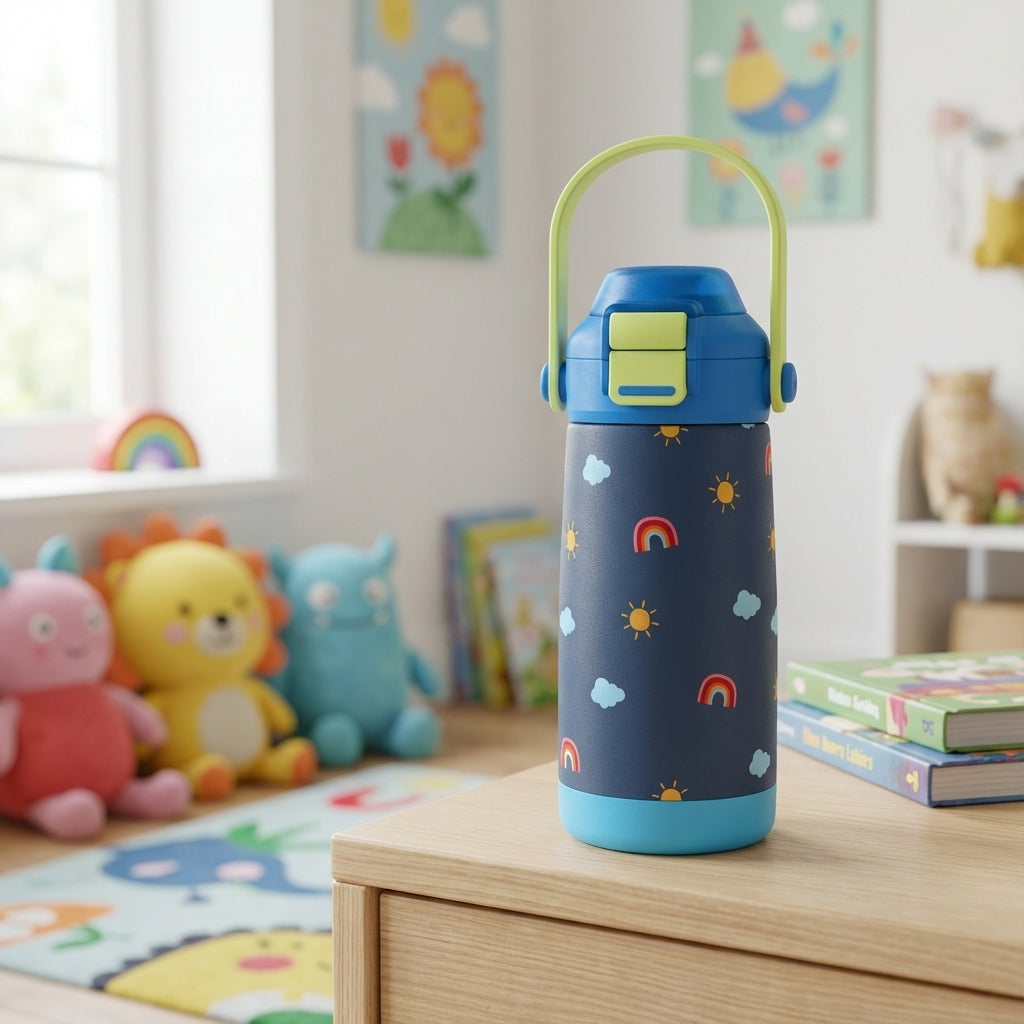  LAMOSE Goose 14oz kids water bottle featuring a dark blue body with playful rainbow, sun, and cloud illustrations, accented by a lime green handle and latch.