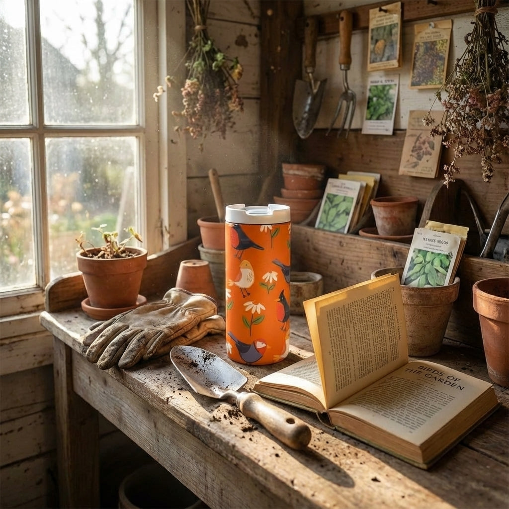 In-Use shot - Grouse 12oz orange insulated tumbler featuring colorful bird illustrations and white daisies against a blurred garden background