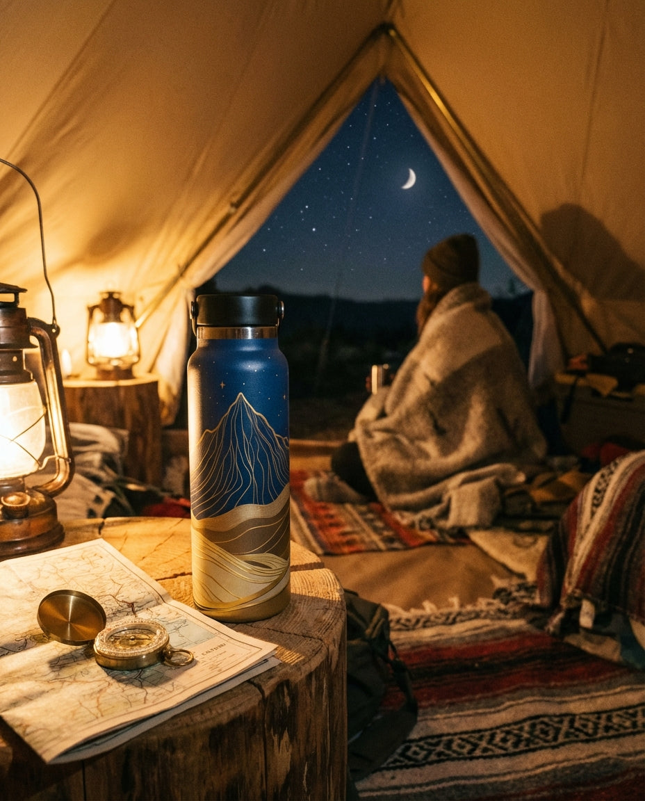 In-Use shot - Grouse 34 oz insulated bottle featuring a dark blue night sky, crescent moon, and metallic gold mountain line art on a gradient background.