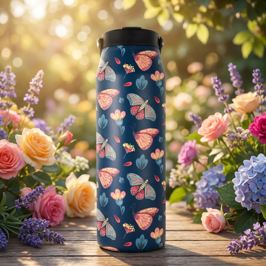  Grouse 34 oz deep blue insulated water bottle featuring a 5D textured pattern of pink and blue butterflies with yellow flowers in a sunny garden setting.