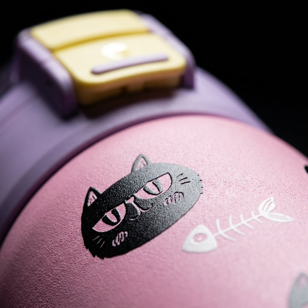 Detail shot - LAMOSE Goose 14 oz kids water bottle in pink with black grumpy cat pattern, light purple lid, green handle and yellow latch