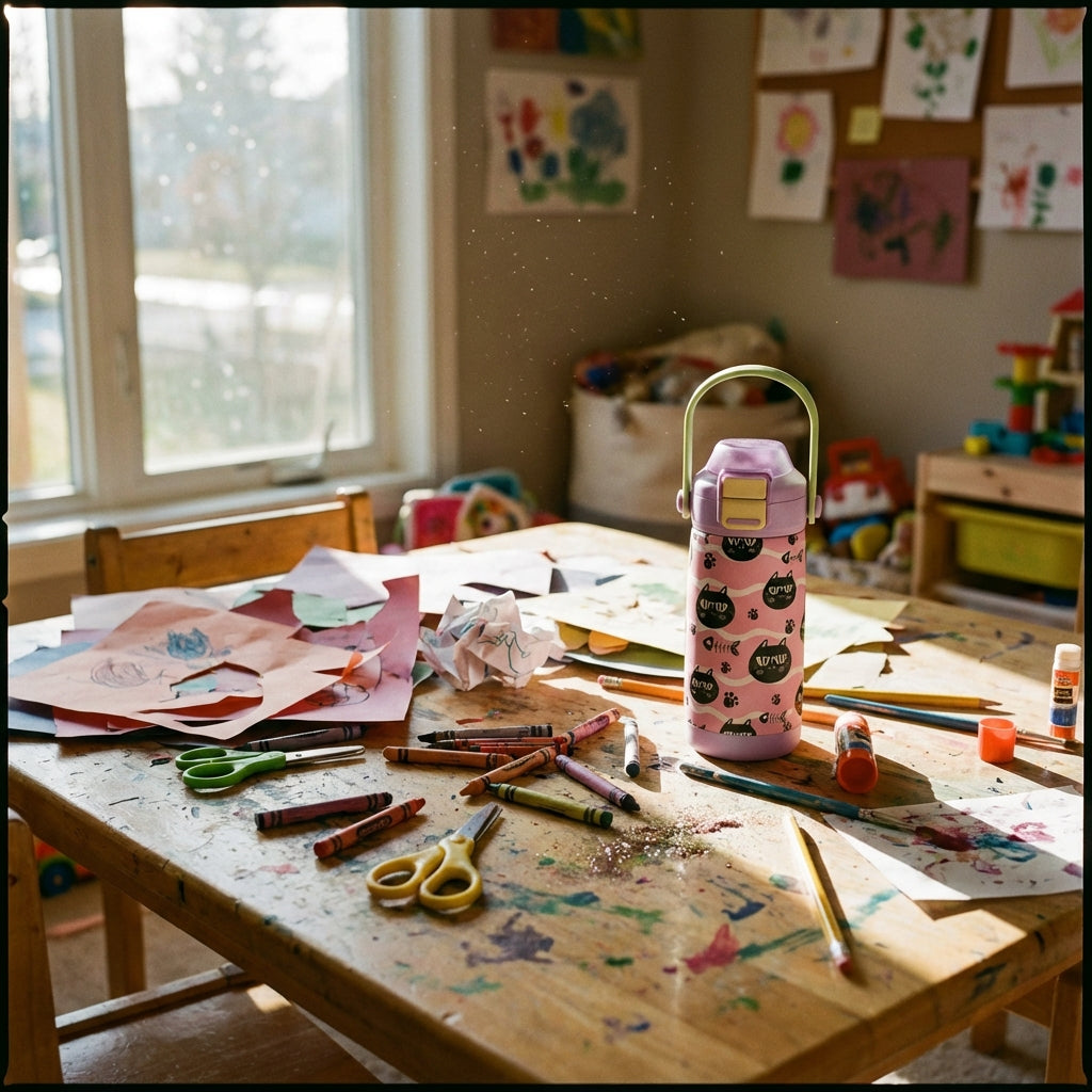 In-Use shot - LAMOSE Goose 14 oz kids water bottle in pink with black grumpy cat pattern, light purple lid, green handle and yellow latch