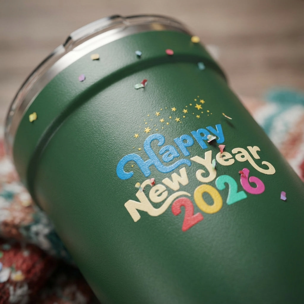 Detail shot - Dark green LAMOSE Peyto 16oz insulated tumbler featuring Happy New Year 2026 text with colorful confetti and bokeh light graphics, sitting next to cozy knitted mittens.