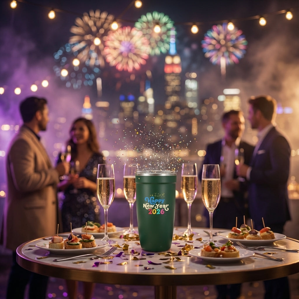 Lifestyle shot - Dark green LAMOSE Peyto 16oz insulated tumbler featuring Happy New Year 2026 text with colorful confetti and bokeh light graphics, sitting next to cozy knitted mittens.