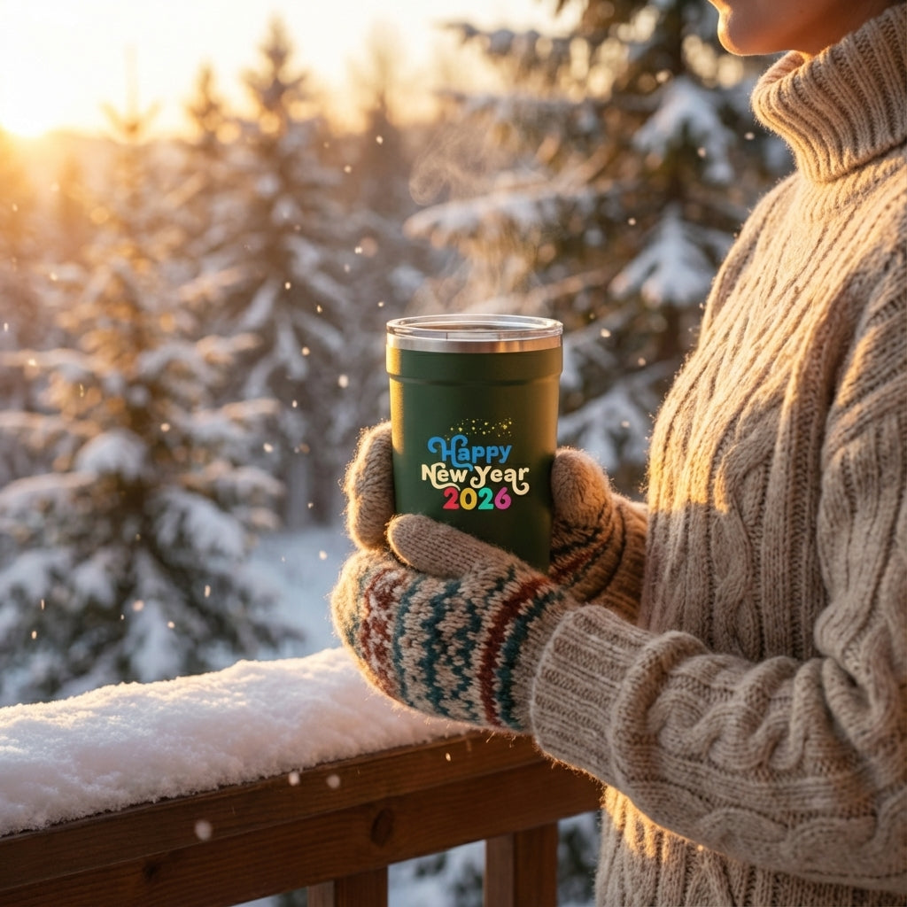 In-Use shot - Dark green LAMOSE Peyto 16oz insulated tumbler featuring Happy New Year 2026 text with colorful confetti and bokeh light graphics, sitting next to cozy knitted mittens.