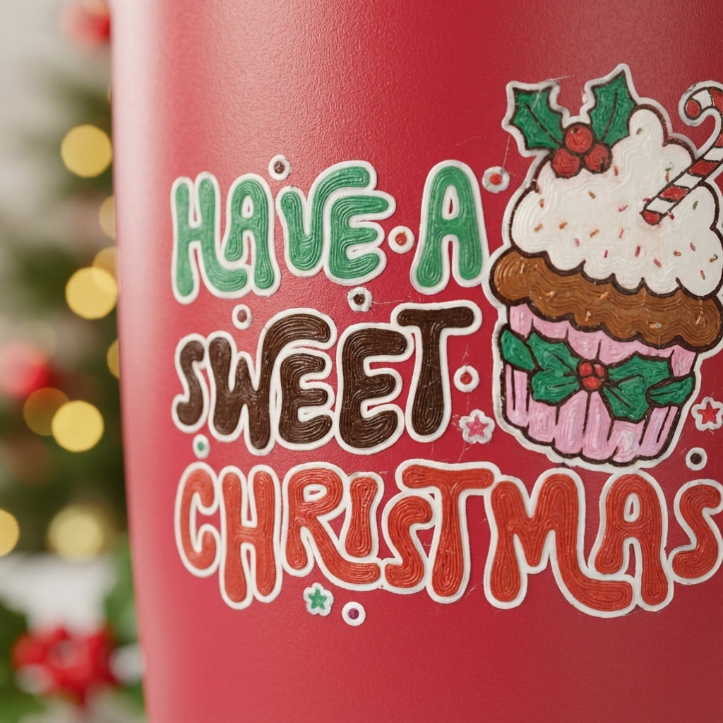 Detail shot - Red Peyto 16oz travel cup featuring Have A Sweet Christmas text and festive cupcake illustration surrounded by candy canes and holiday decor