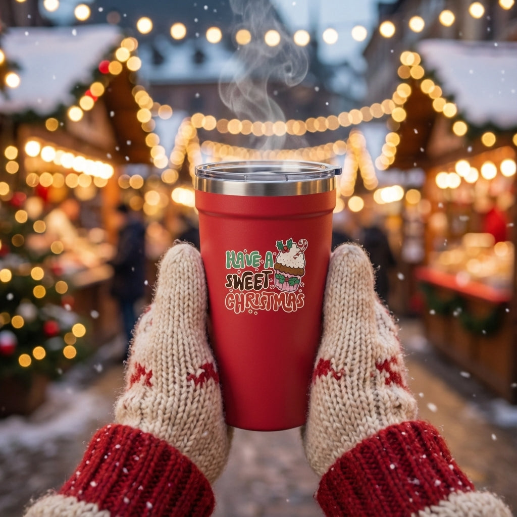 In-Use shot - Red Peyto 16oz travel cup featuring Have A Sweet Christmas text and festive cupcake illustration surrounded by candy canes and holiday decor