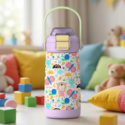 LAMOSE Goose 14 oz kids water bottle in light purple and cream featuring cartoon bears, rabbits, and nature elements with a green handle.