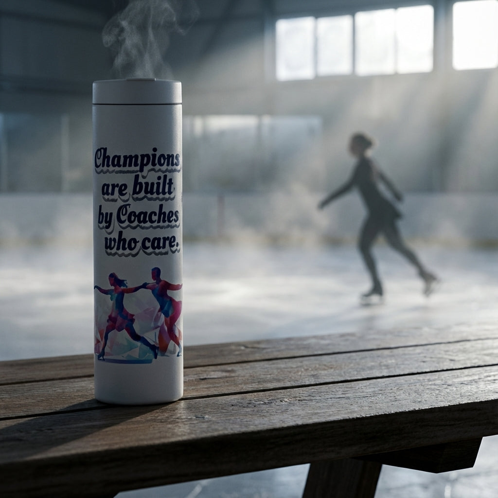 Lifestyle shot - White LAMOSE Grouse tumbler featuring geometric ice skater illustration and inspirational quote for skating coaches, set against a winter backdrop.