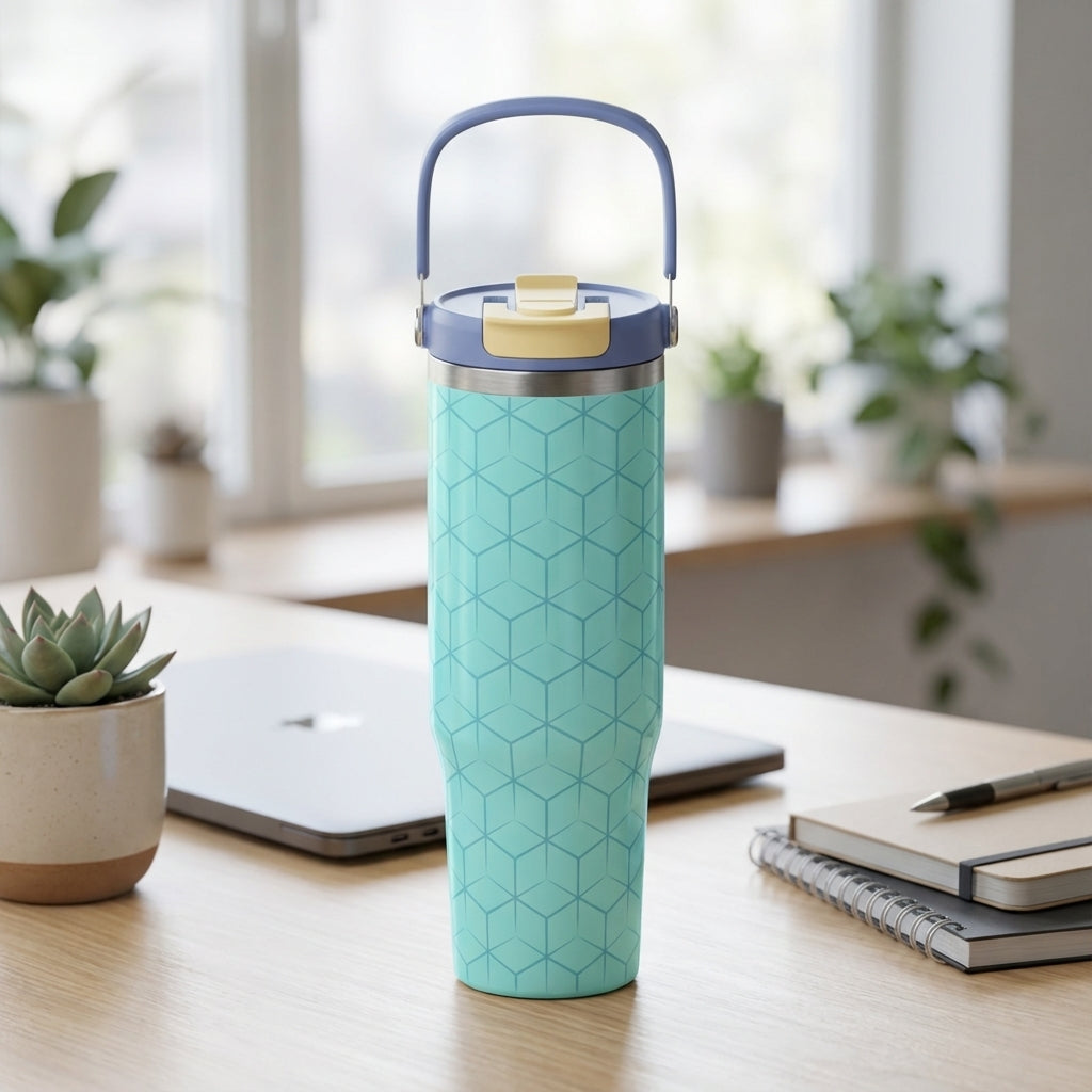 Close-up of turquoise Cascade 40oz tumbler with engraved geometric cube pattern sitting on a modern white desk next to a laptop and succulent plants.